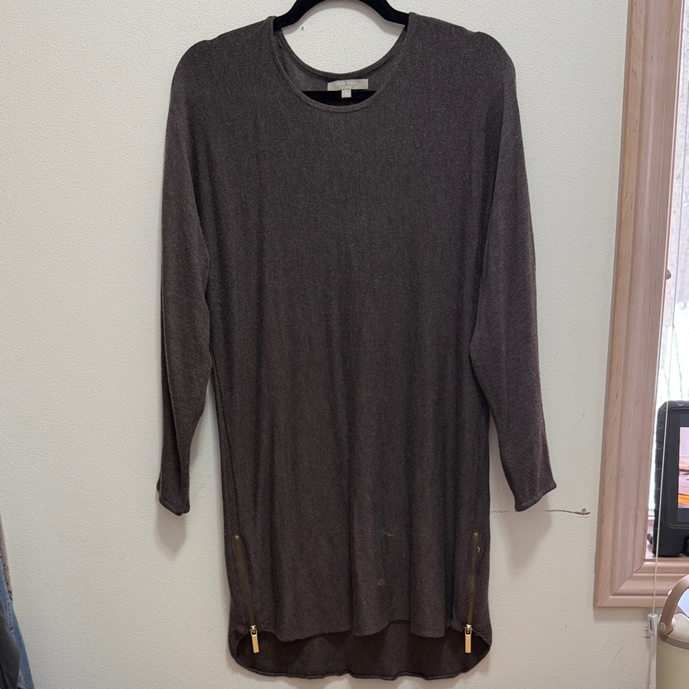 Joan Vass Chocolate Tunic with Gold Zipper Details